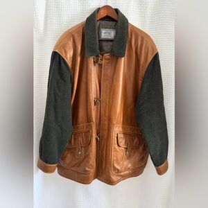 Vintage Cognac Leather Jacket with knit‎ Sleeves Made in Canada men’s 2XL